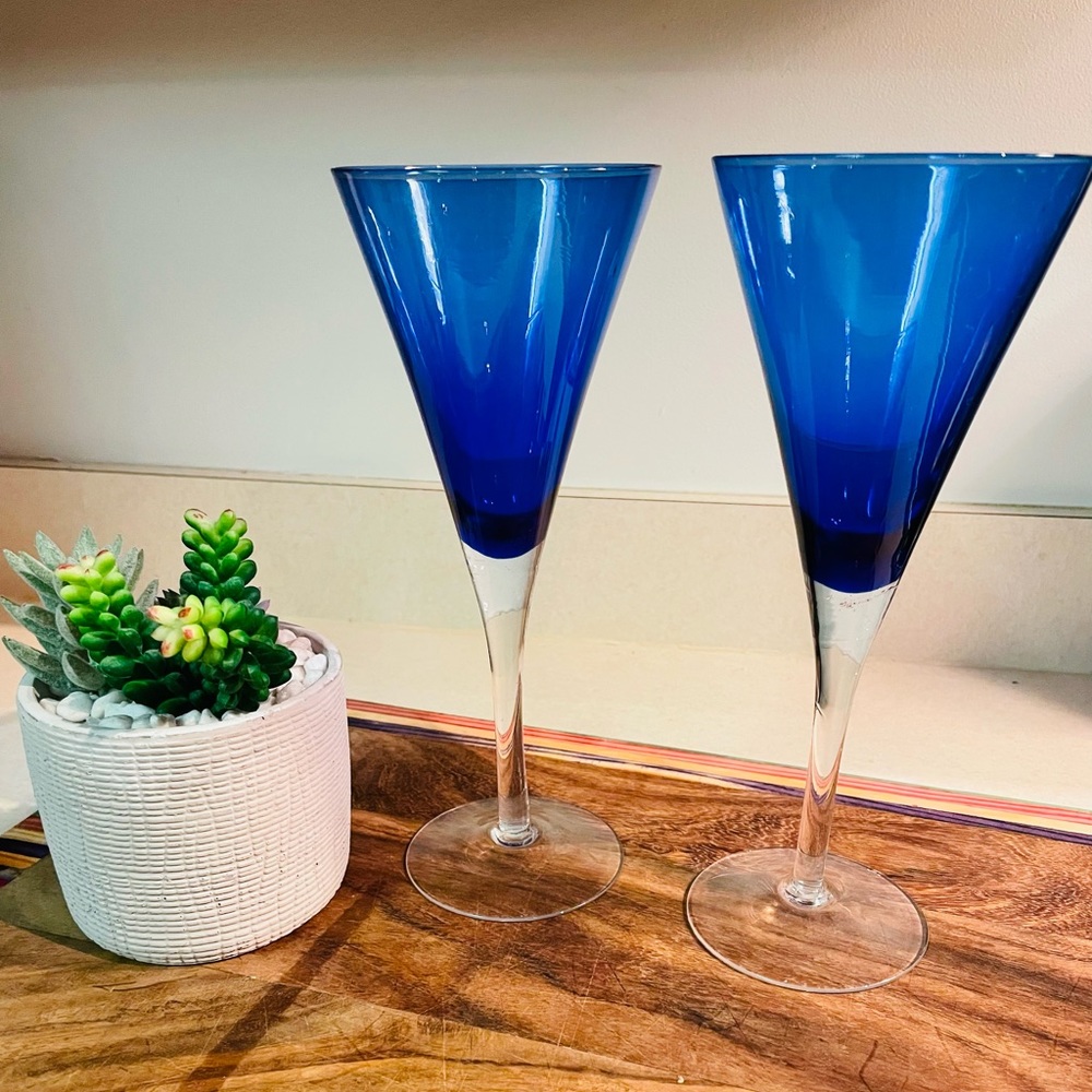 Cobalt Blue Wine Flutes with clear Stems. Set of 2.